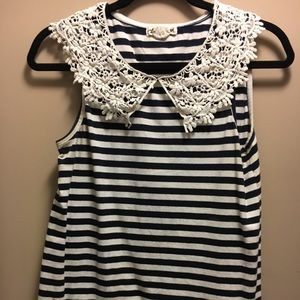 Striped shirt with crocheted collar